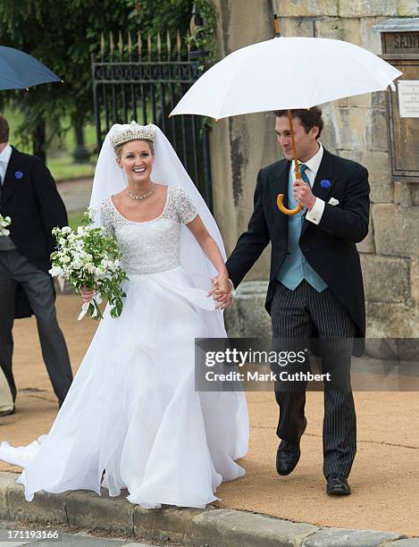 Melissa Percy and Thomas van Straubenzee after their wedding at Alnwick Castle on June 22, 2013 in Alnwick, England.