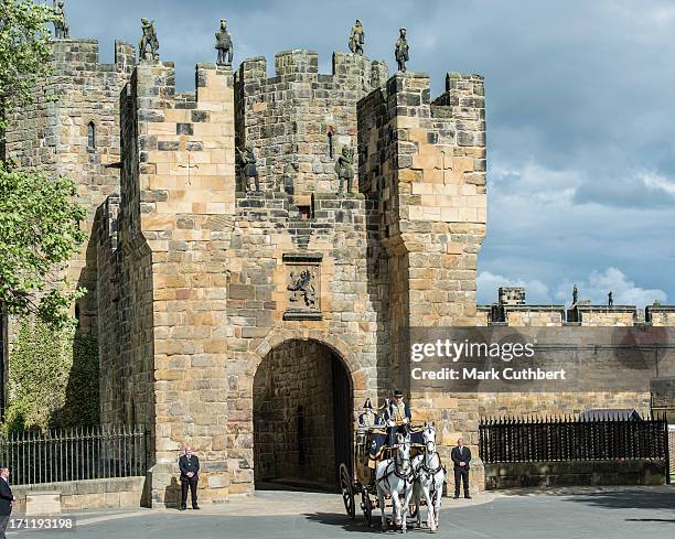 Melissa Percy leaves Alnwick Castle on the way to her wedding with Thomas van Straubenzee on June 22, 2013 in Alnwick, England.