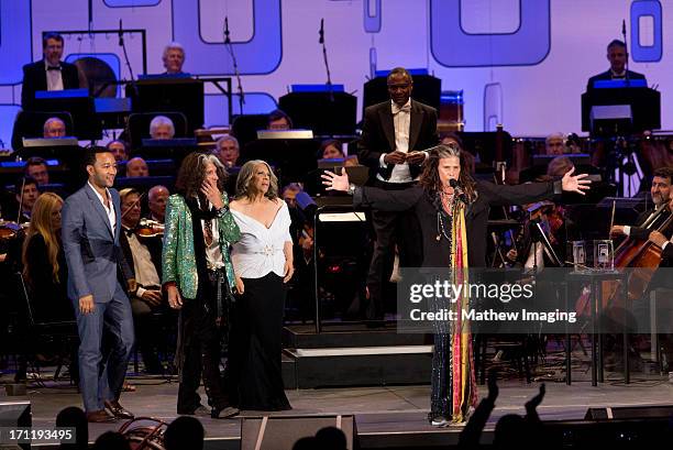 Recording artists John Legend, Joe Perry, Patti Austin, conductor Thomas Wilkins and recording artist Steven Tyler on stage at Hollywood Bowl Opening...