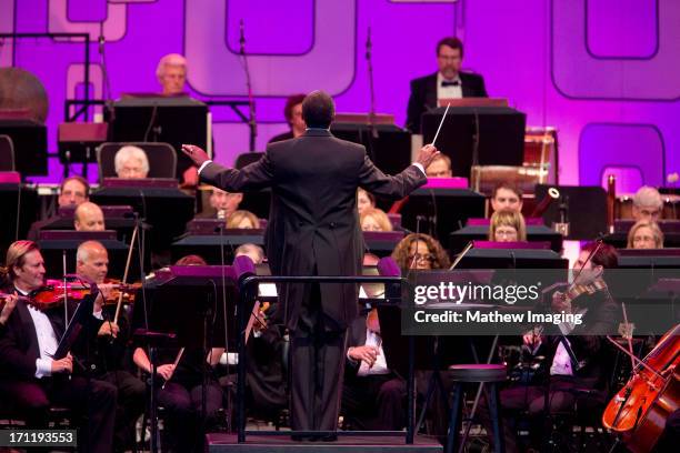 Conductor Thomas Wilkins and members of the Hollywood Bowl Orchestra on stage at Hollywood Bowl Opening Night Gala - Inside at The Hollywood Bowl on...