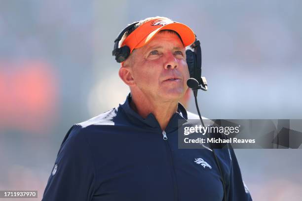 Head coach Sean Payton of the Denver Broncos watches game action against the Chicago Bears during the second half at Soldier Field on October 01,...