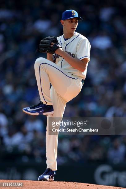 George Kirby of the Seattle Mariners pitches during the first inning against the Texas Rangers at T-Mobile Park on October 01, 2023 in Seattle,...