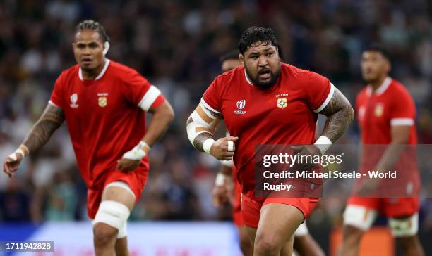 Ben Tameifuna of Tonga warms up prior to the Rugby World Cup France 2023 match between South Africa and Tonga at Stade Velodrome on October 01, 2023...