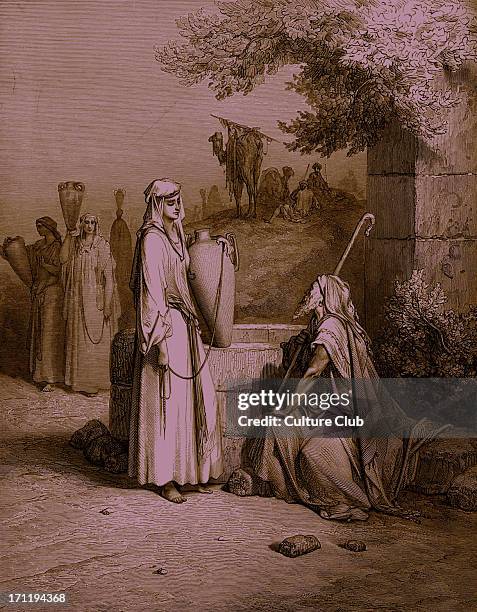 Rebekah meets Abraham 's servant Eliezer at the well outside the city of Nahor. She returns with him to Canaan and marries Isaac, Abraham 's son....