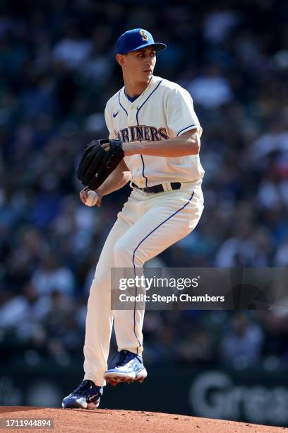 George Kirby of the Seattle Mariners pitches during the first inning against the Texas Rangers at T-Mobile Park on October 01, 2023 in Seattle,...