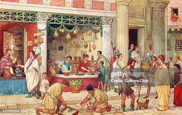 The Roman Empire - street scene with vendors. Produce, food, crafts, market, book seller, merchant, merchants, guard, guards, toga, togas....