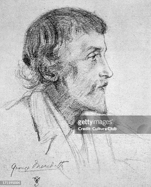George Meredith - English novelist and poet: 12 February 1828  18 May 1909. Original signed pencil sketch by Violet, Duchess of Rutland: 7 March...