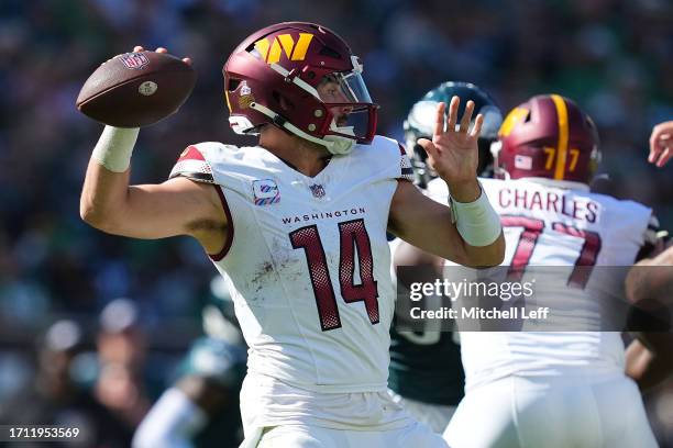 Sam Howell of the Washington Commanders passes the ball during the third quarter against the Philadelphia Eagles at Lincoln Financial Field on...