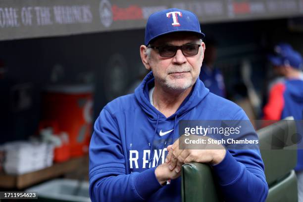 Manager Bruce Bochy of the Texas Rangers looks on before the game against the Seattle Mariners at T-Mobile Park on October 01, 2023 in Seattle,...