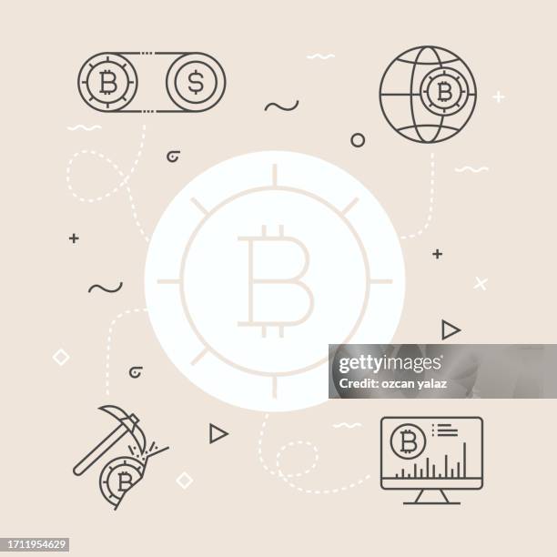 cryptocurrency related vector banner design concept. global multi-sphere ready-to-use template. web banner, website header, magazine, mobile application etc. modern design. - miner pickaxe stock illustrations
