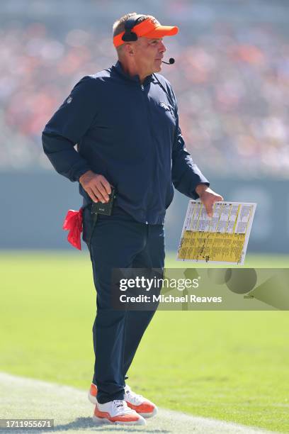 Head coach Sean Payton of the Denver Broncos watches game action against the Chicago Bears at Soldier Field on October 01, 2023 in Chicago, Illinois.