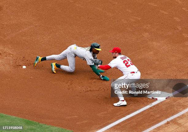 Brandon Drury of the Los Angeles Angels makes the out against Esteury Ruiz of the Oakland Athletics in the first inning at Angel Stadium of Anaheim...