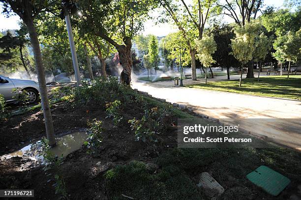 General view of the refurbished Gezi Park near Taksim Square with new grass, trees, sprinklers and benches, site of a tent city for thousands of...