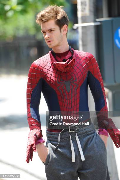 Andrew Garfield is seen on set of "The Amazing Spider-Man 2" on June 22, 2013 in New York City.