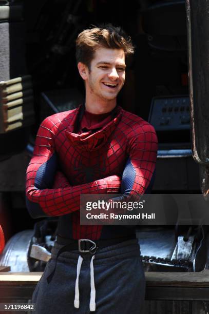 Andrew Garfield is seen on set of "The Amazing Spider-Man 2" on June 22, 2013 in New York City.