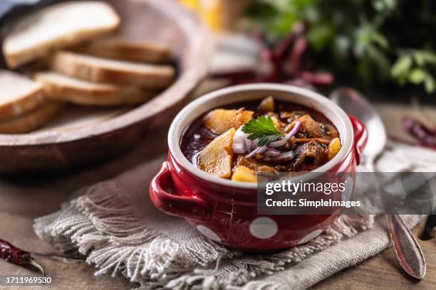 traditional beef goulash served in a ceramic bowl on a table in a restaurant. - cultura húngara fotografías e imágenes de stock