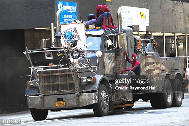 Actor Andrew Garfield , his stunt double William Spencer and a second stunt double are seen on set of "The Amazing Spider-Man 2" on June 22, 2013 in...