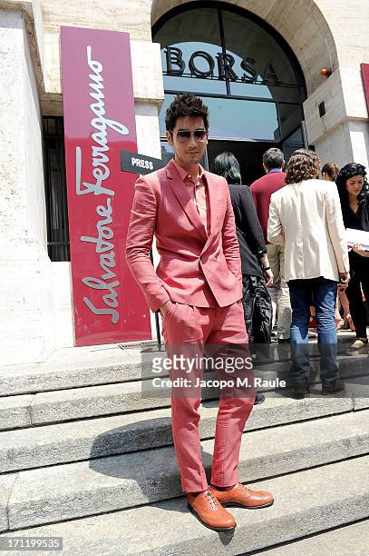 Godfrey Gao arrives at the 'Salvatore Ferragamo' show as part of Milan Fashion Week Spring/Summer 2014 on June 23, 2013 in Milan, Italy.