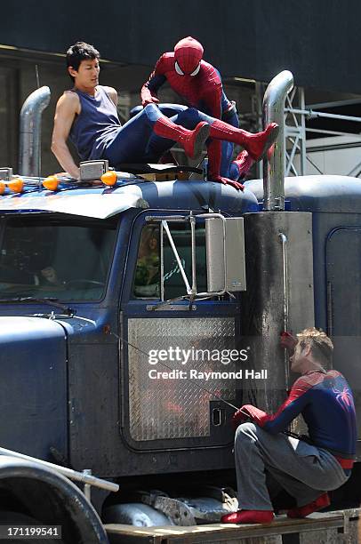 Actor Andrew Garfield , his stunt double William Spencer and a second stunt double are seen on set of "The Amazing Spider-Man 2" on June 22, 2013 in...