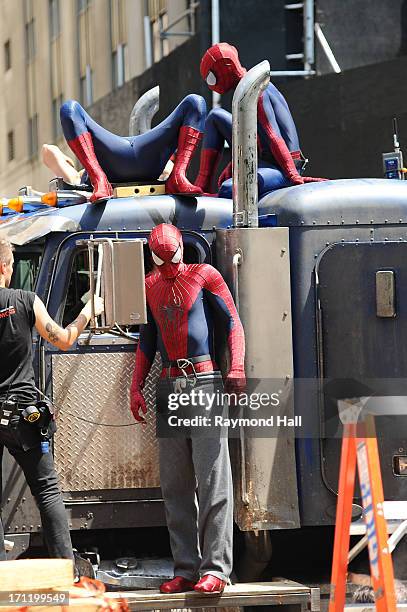 Actor Andrew Garfield , his stunt double William Spencer and a second stunt double are seen on set of "The Amazing Spider-Man 2" on June 22, 2013 in...