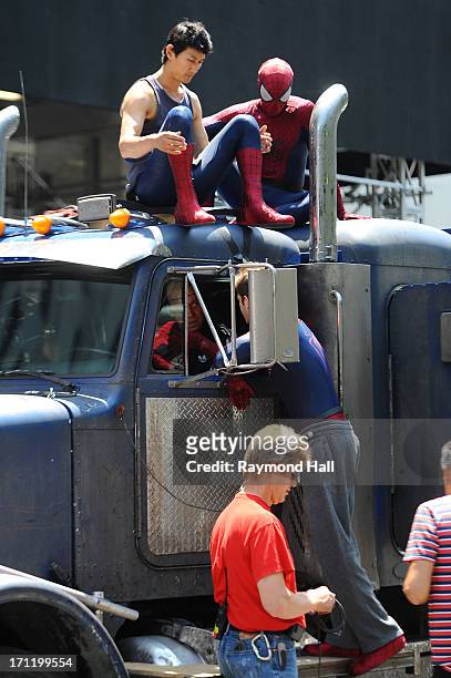 Actor Andrew Garfield , his stunt double William Spencer and a second stunt double are seen on set of "The Amazing Spider-Man 2" on June 22, 2013 in...