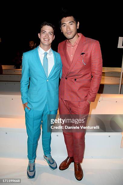Godfrey Gao and Israel Broussard attend the 'Salvatore Ferragamo' show as part of Milan Fashion Week Spring/Summer 2014 on June 23, 2013 in Milan,...