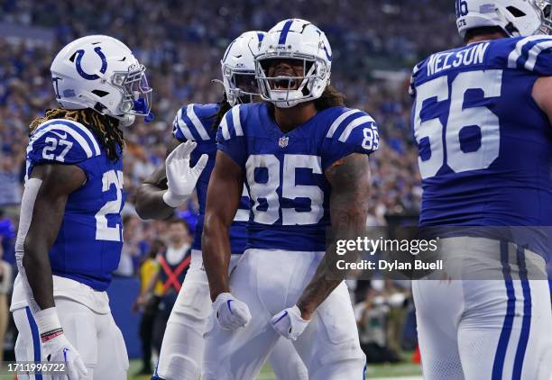 Drew Ogletree of the Indianapolis Colts celebrates a touchdown against the Los Angeles Rams during the fourth quarter at Lucas Oil Stadium on October...