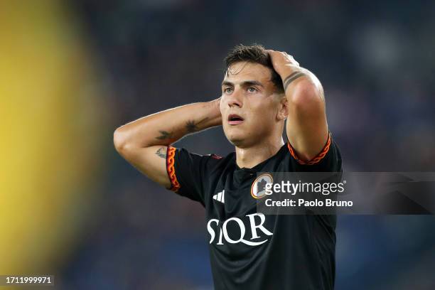 Paulo Dybala of AS Roma reacts during the Serie A TIM match between AS Roma and Frosinone Calcio at Stadio Olimpico on October 01, 2023 in Rome,...