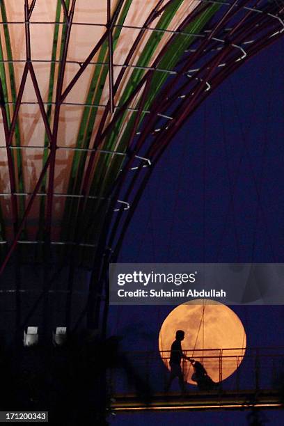 Man pushes a baby stroller along the OCBC Skyway at the Supertree Groves at The Gardens By The Bay as the 'Supermoon' rises over Singapore on June...