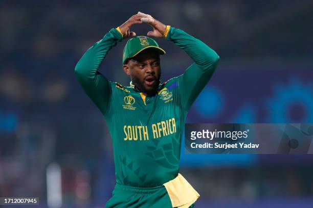 Temba Bavuma of South Africa reacts during the ICC Men's Cricket World Cup India 2023 between South Africa and Sri Lanka at Arun Jaitley Stadium on...