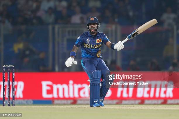 Kusal Mendis of Sri lanka reacts after playing a shot during the ICC Men's Cricket World Cup India 2023 between South Africa and Sri Lanka at Arun...