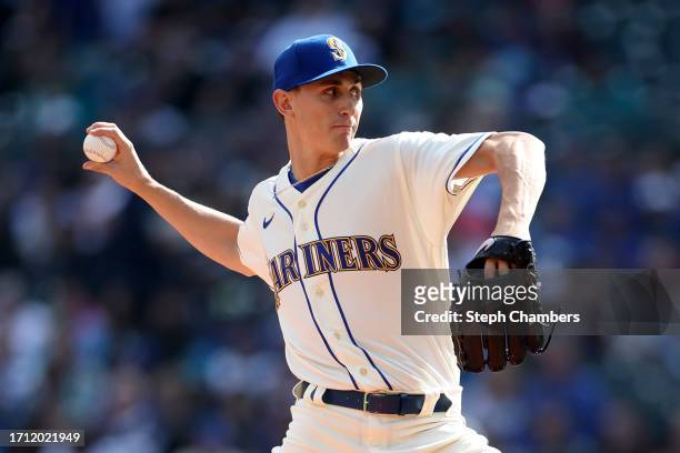 George Kirby of the Seattle Mariners pitches during the first inning against the Texas Rangers at T-Mobile Park on October 01, 2023 in Seattle,...