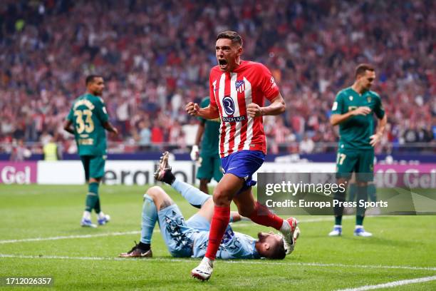 Nahuel Molina of Atletico de Madrid celebrates a goal during the spanish league, LaLiga EA Sports, football match played between Atletico de Madrid...