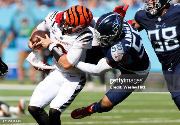 Harold Landry III of the Tennessee Titans sacks Joe Burrow of the Cincinnati Bengals during the fourth quarter at Nissan Stadium on October 01, 2023...