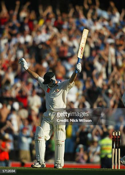 Steve Waugh of Australia celebrates reaching his century during the second day of the fifth Ashes Test between Australia and England held at the...
