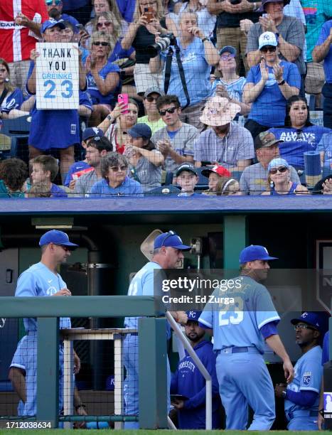 Zack Greinke of the Kansas City Royals enters the dugout after pitching in the sixth inning against the New York Yankees at Kauffman Stadium on...