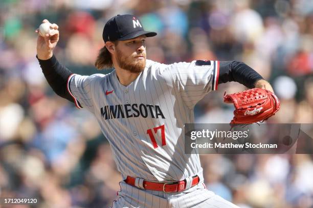 Starting pitcher Bailey Ober of the Minnesota Twins throws against the Colorado Rockies in the second inning at Coors Field on October 01, 2023 in...