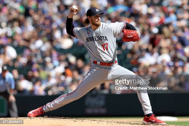 Starting pitcher Bailey Ober of the Minnesota Twins throws against the Colorado Rockies in the third inning at Coors Field on October 01, 2023 in...