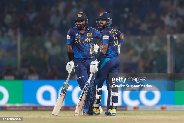 Kusal Perera of he Sri Lanka and Kusal Mendis of the Sri lanka during the ICC Men's Cricket World Cup India 2023 between South Africa and Sri Lanka...