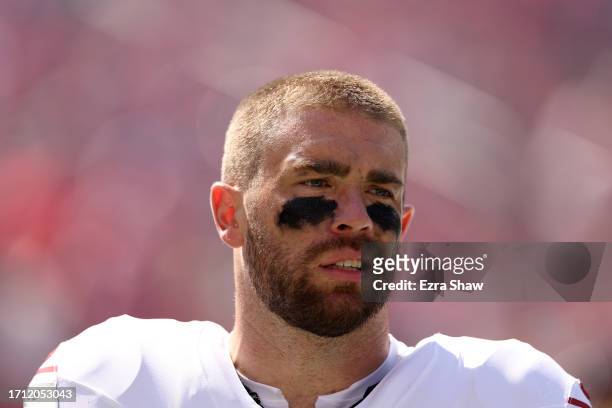 Zach Ertz of the Arizona Cardinals looks on before the game against the San Francisco 49ers at Levi's Stadium on October 01, 2023 in Santa Clara,...
