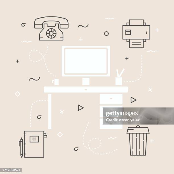 office and workspace related vector banner design concept. global multi-sphere ready-to-use template. web banner, website header, magazine, mobile application etc. modern design. - pencil sharpener stock illustrations