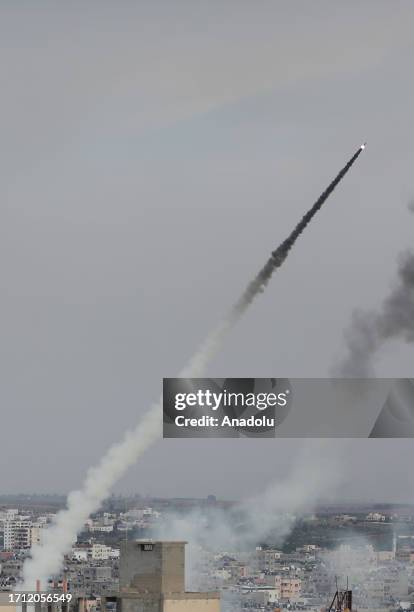 Palestinian resistance fires rockets in response to Israeli airstrikes in Gaza City, Gaza on October 07, 2023.