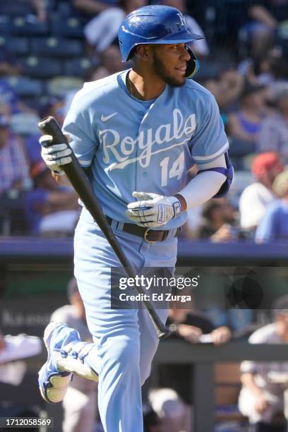 Edward Olivares of the Kansas City Royals hits a home run in the fourth inning against the New York Yankees at Kauffman Stadium on October 01, 2023...