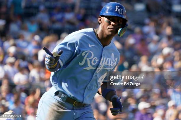 Dairon Blanco of the Kansas City Royals celebrates his home run in the fourth inning against the New York Yankees at Kauffman Stadium on October 01,...