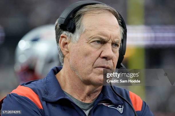 Head coach Bill Belichick of the New England Patriots looks during the first quarter against the Dallas Cowboys at AT&T Stadium on October 01, 2023...