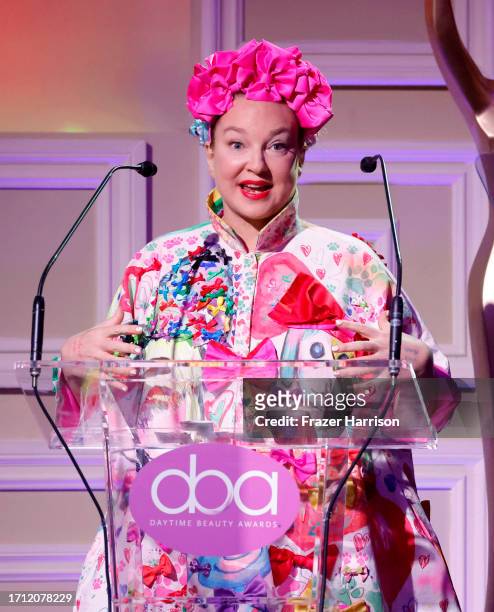 Sia Furler speaks onstage during the 5th Daytime Beauty Awards honoring science behind beauty, health and wellness at Taglyan Complex on October 01,...