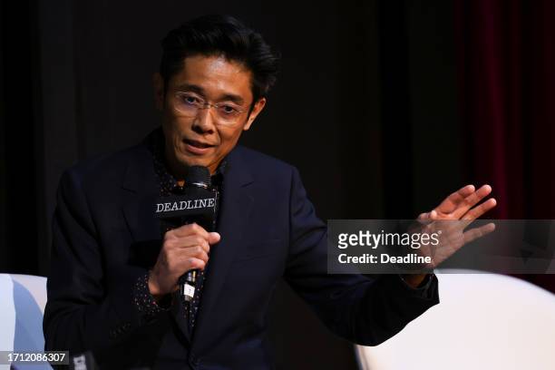 Kazu Hiro speaks on the panel for 'Maestro' at Deadline Contenders Film: London on October 7, 2023 at Ham Yard Hotel in London, England.