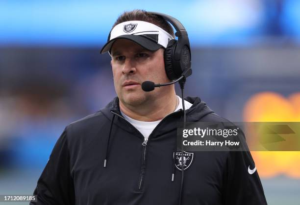 Head coach Josh McDaniels of the Las Vegas Raiders looks on against the Los Angeles Chargers during the first half at SoFi Stadium on October 01,...