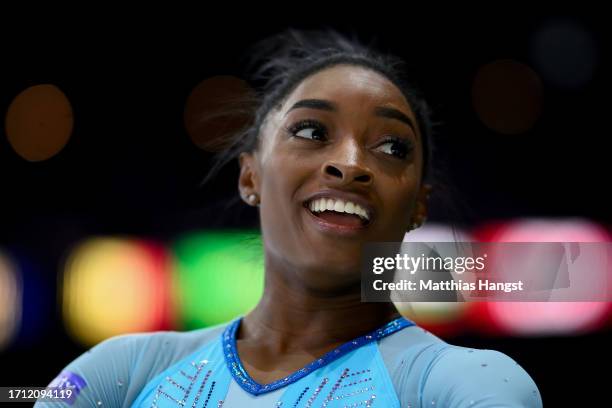 Simone Biles of the Team United States reacts during Women's Qualifications on Day Two of the FIG Artistic Gymnastics World Championships at the...