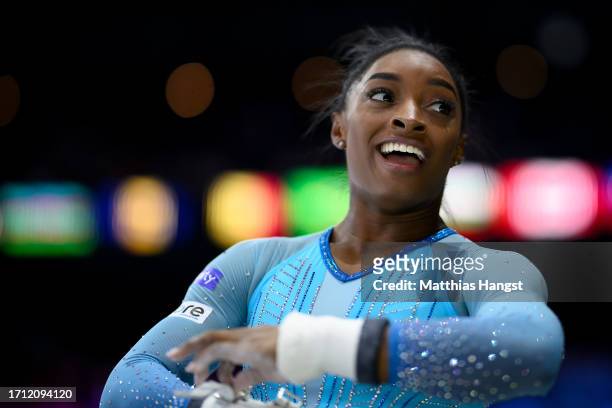 Simone Biles of the Team United States reacts during Women's Qualifications on Day Two of the FIG Artistic Gymnastics World Championships at the...